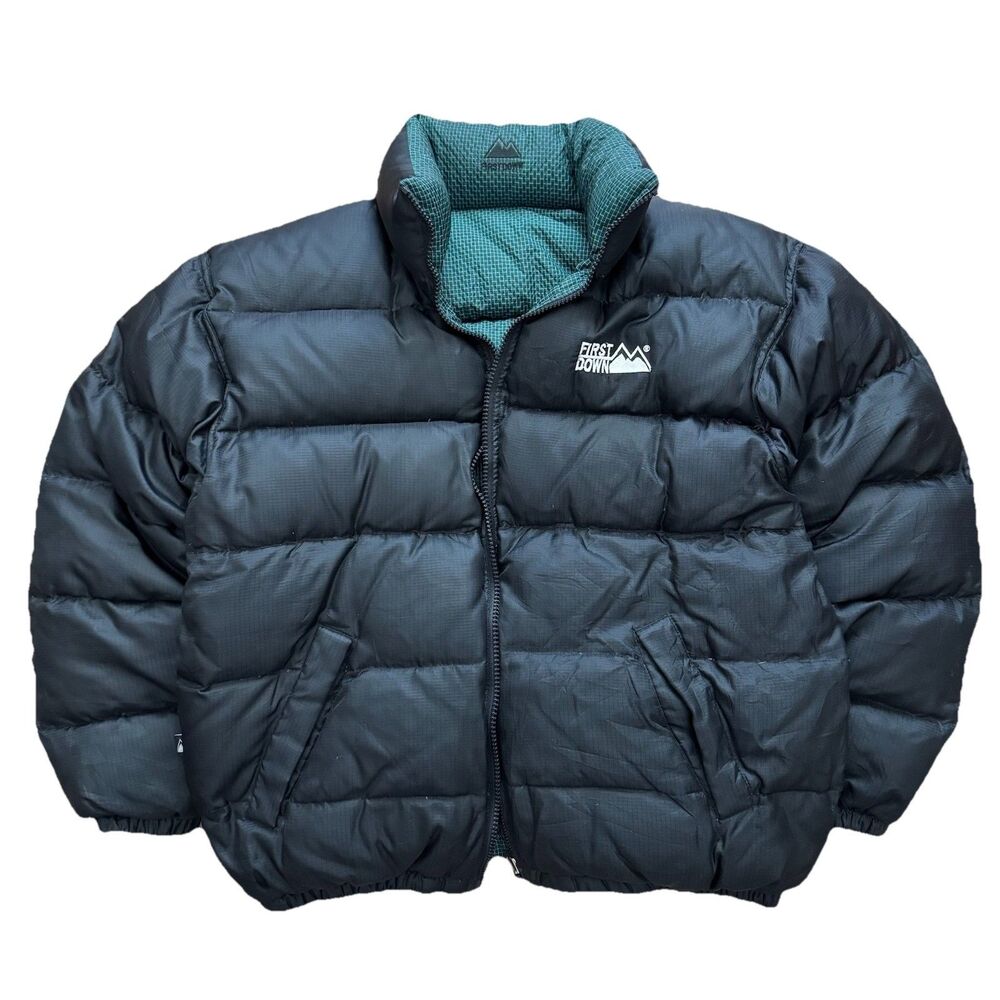 Vintage 90s First Down Men XL Duck Down Puffer Coat Reversible Green Black
